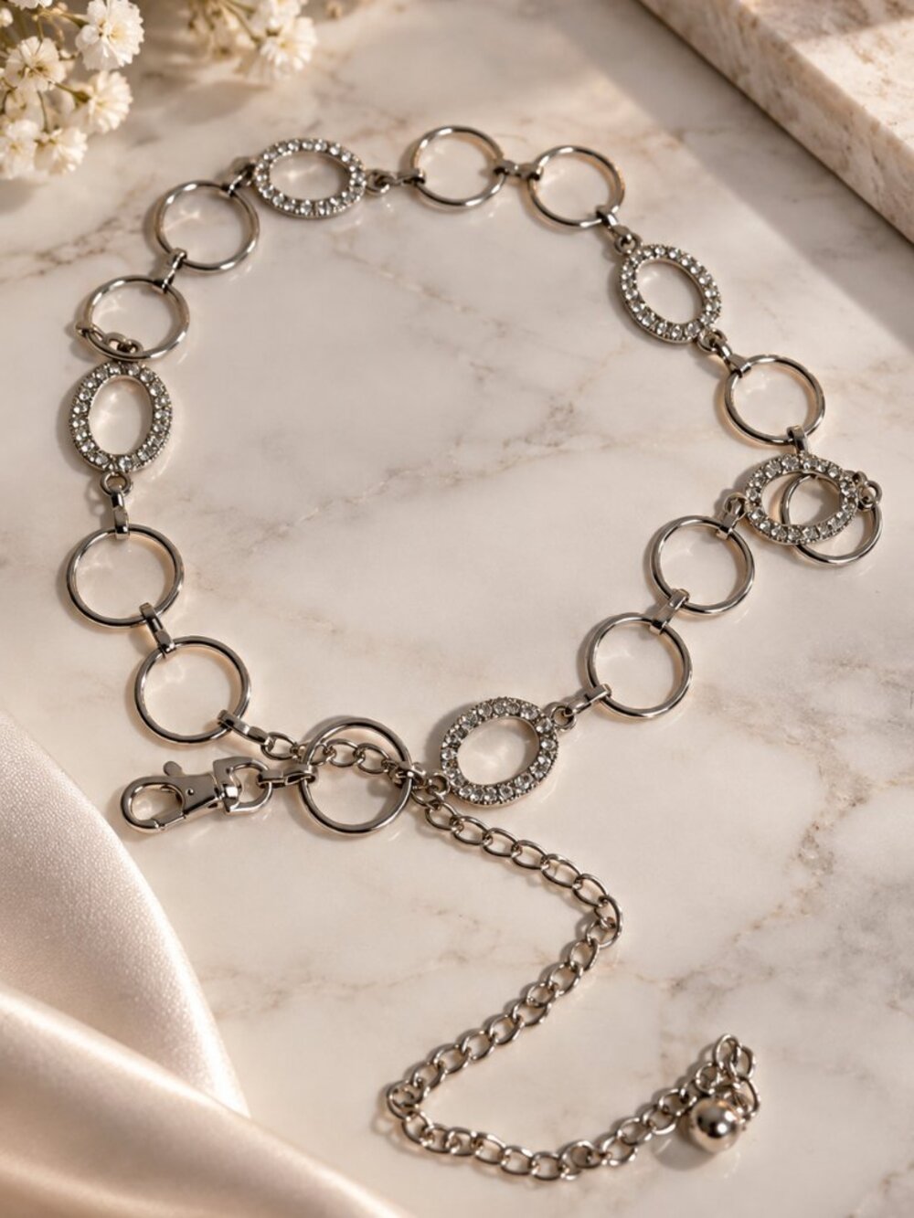 Vintage Rhinestone & Silver Tone Circle Link Chain Belt | Y2K Statement